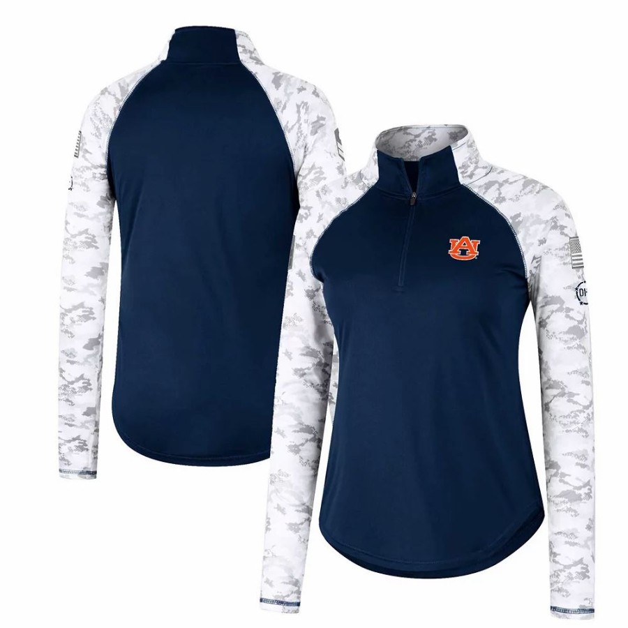 Clothing * | Women'S Colosseum Navy Auburn Tigers Oht Military Appreciation Flash Arctic Camo Raglan Quarter-Zip Jacket