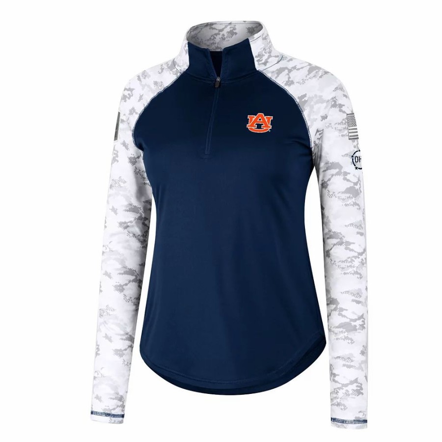 Clothing * | Women'S Colosseum Navy Auburn Tigers Oht Military Appreciation Flash Arctic Camo Raglan Quarter-Zip Jacket