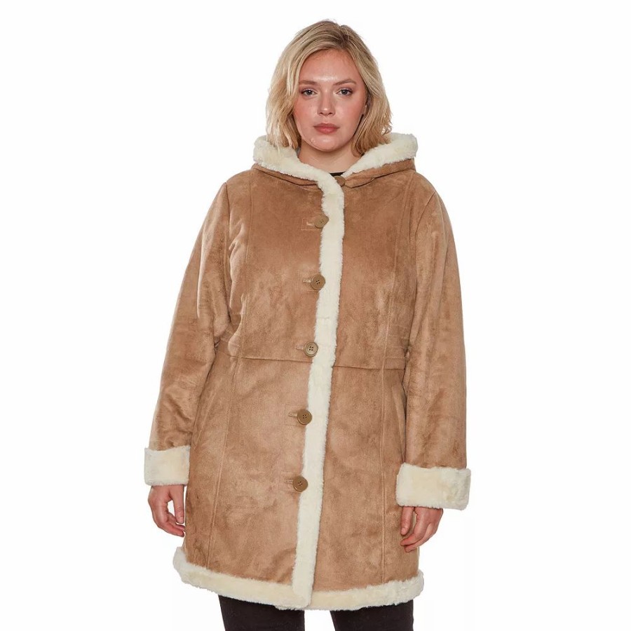 Clothing * | Plus Size D.E.T.A.I.L.S Faux-Fur Trim Faux-Shearling Coat