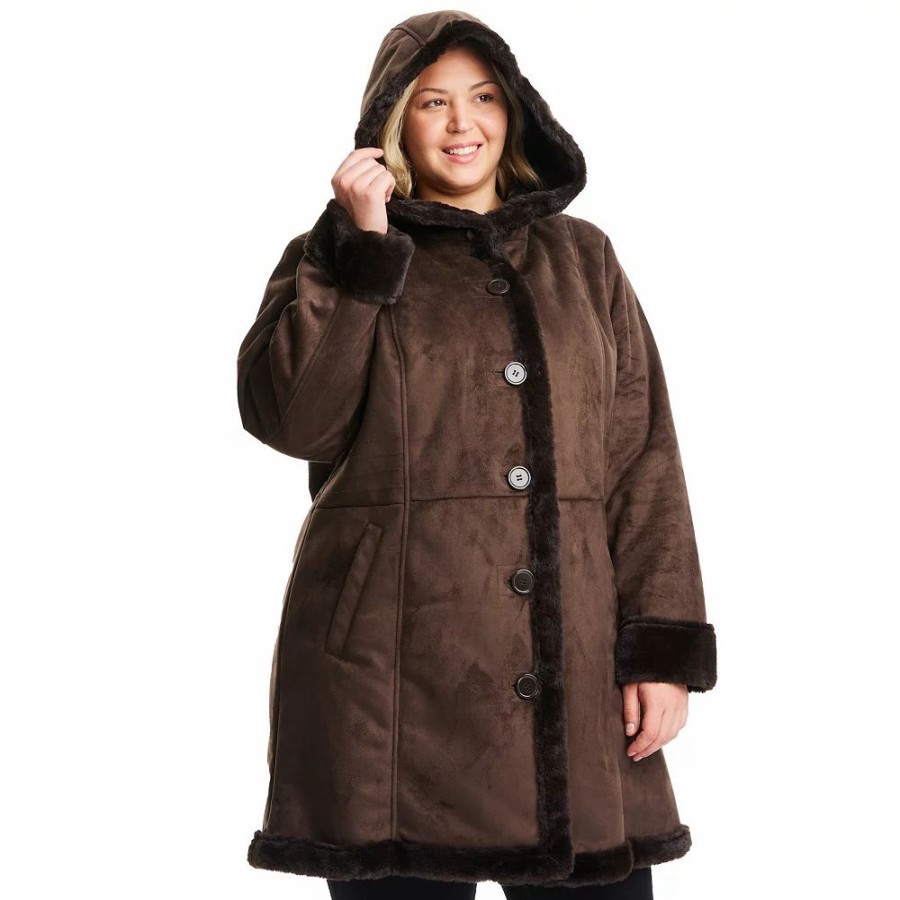 Clothing * | Plus Size D.E.T.A.I.L.S Faux-Fur Trim Faux-Shearling Coat