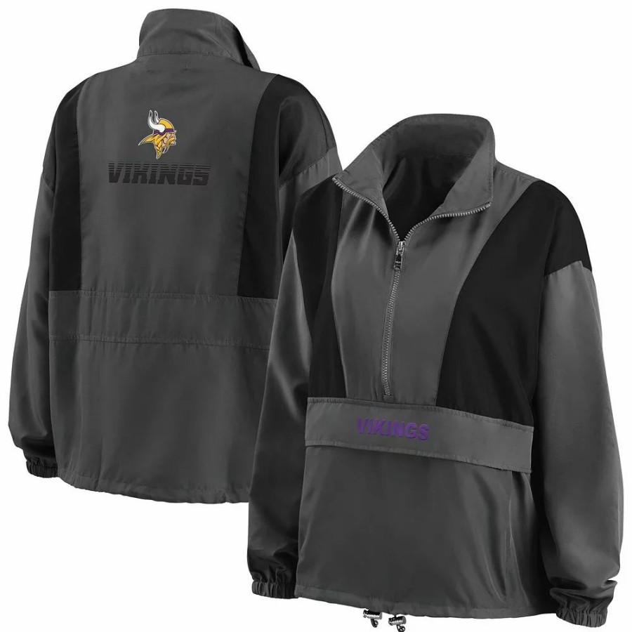 Clothing * | Women'S Wear By Erin Andrews Charcoal Minnesota Vikings Popover Packable Half-Zip Jacket