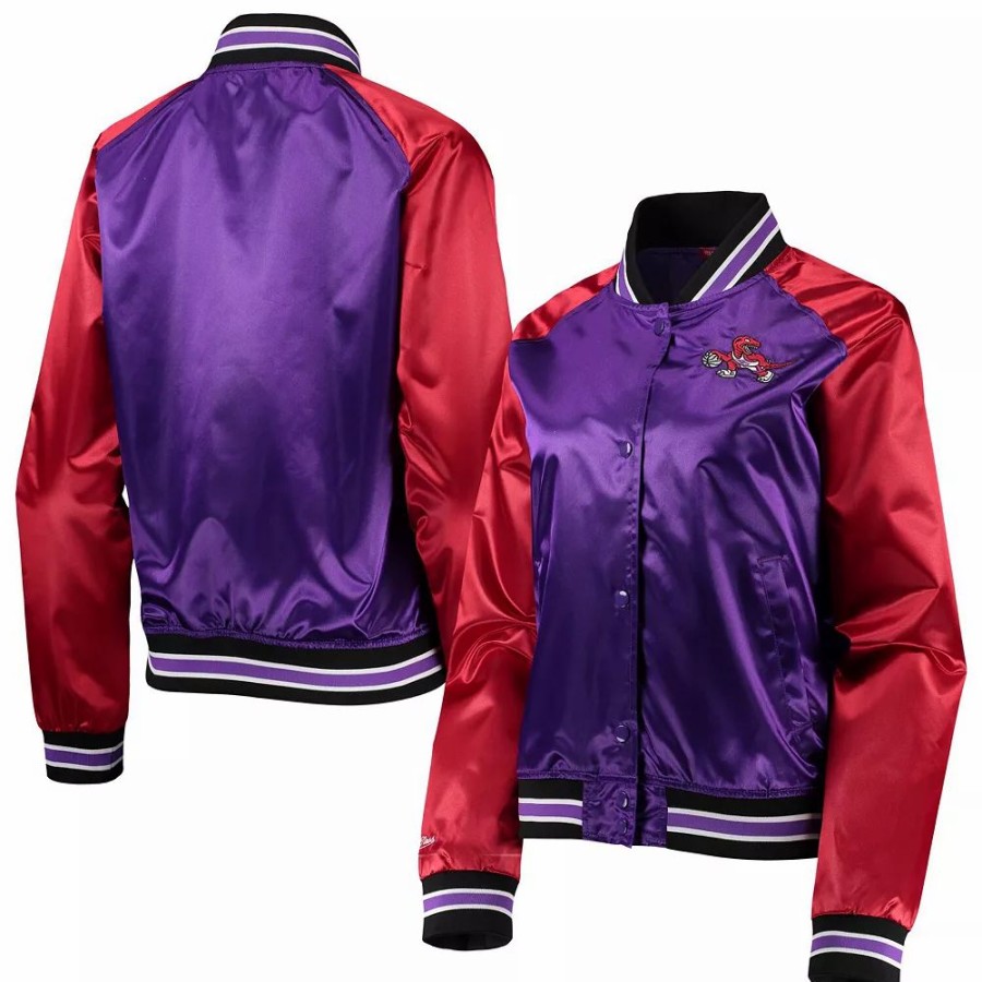 Clothing * | Women'S Mitchell & Ness Purple Toronto Raptors Hardwood Classics Raglan Satin Full-Snap Jacket