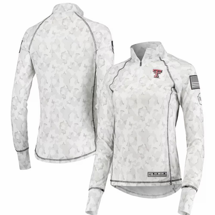 Clothing * | Women'S Colosseum White Texas Tech Red Raiders Oht Military Appreciation Officer Arctic Camo 1/4-Zip Jacket