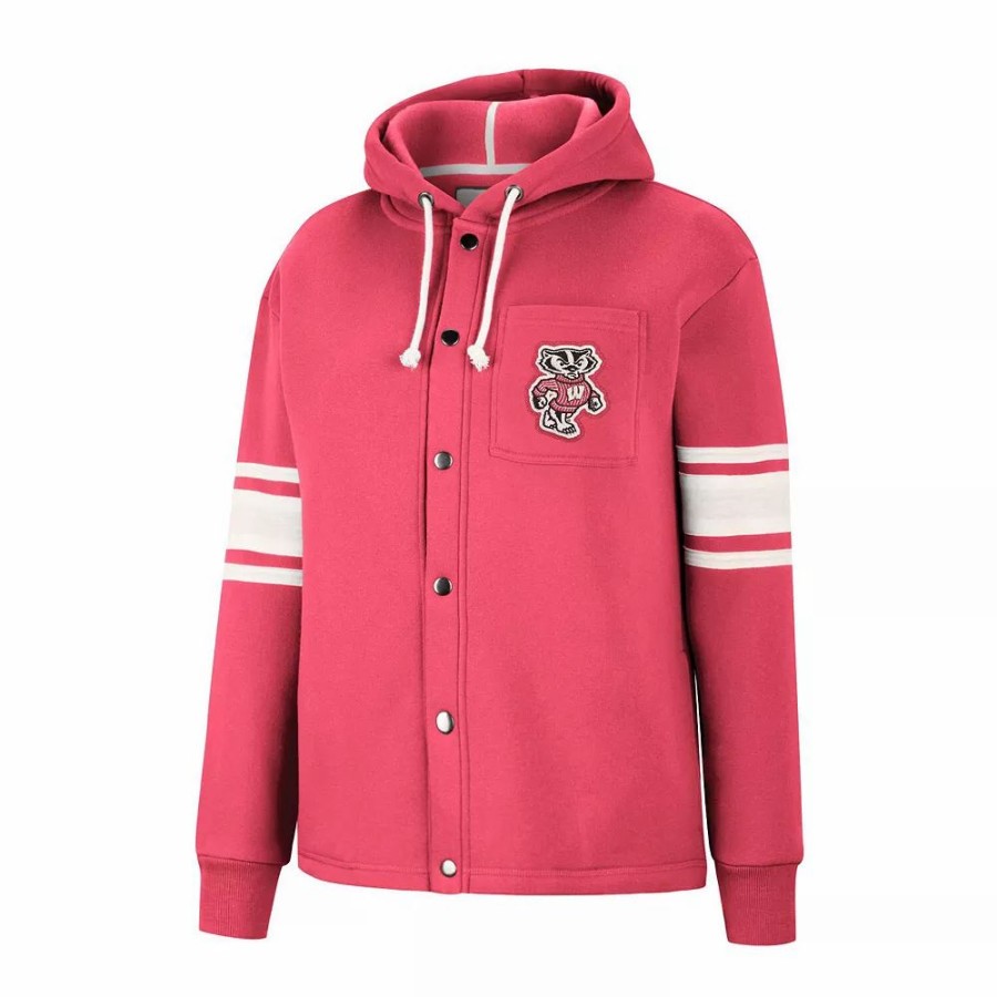 Clothing * | Women'S Colosseum Red Wisconsin Badgers Mia Striped Full-Snap Hoodie Jacket