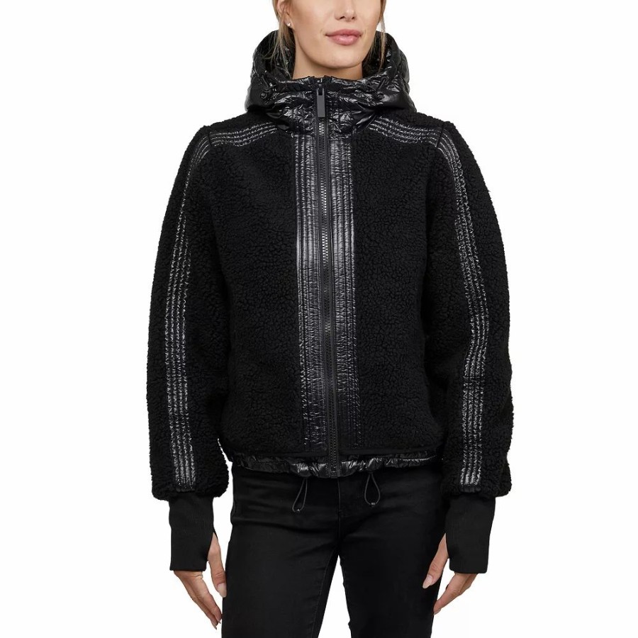 Clothing * | Women'S Kendall & Kylie Dublin Mixed-Media Sherpa Puffer Jacket Black