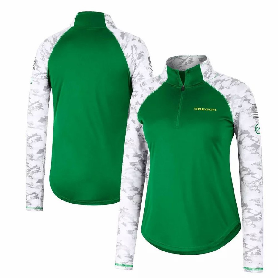 Clothing * | Women'S Colosseum Green Oregon Ducks Oht Military Appreciation Flash Arctic Camo Raglan Quarter-Zip Jacket