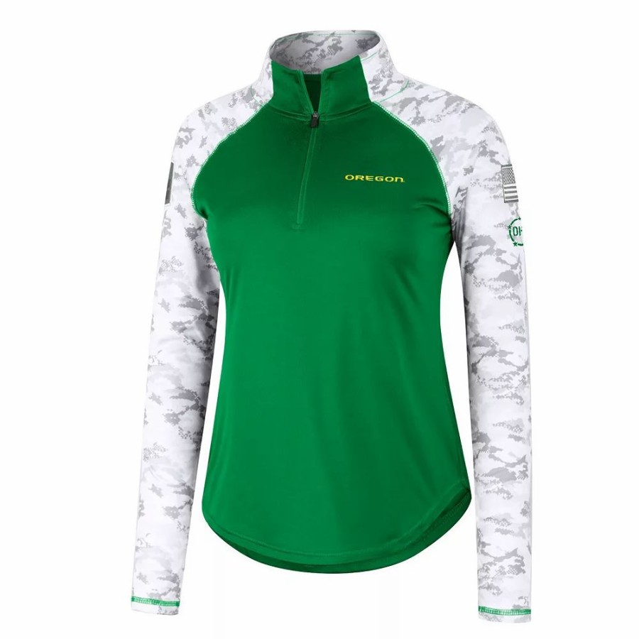 Clothing * | Women'S Colosseum Green Oregon Ducks Oht Military Appreciation Flash Arctic Camo Raglan Quarter-Zip Jacket