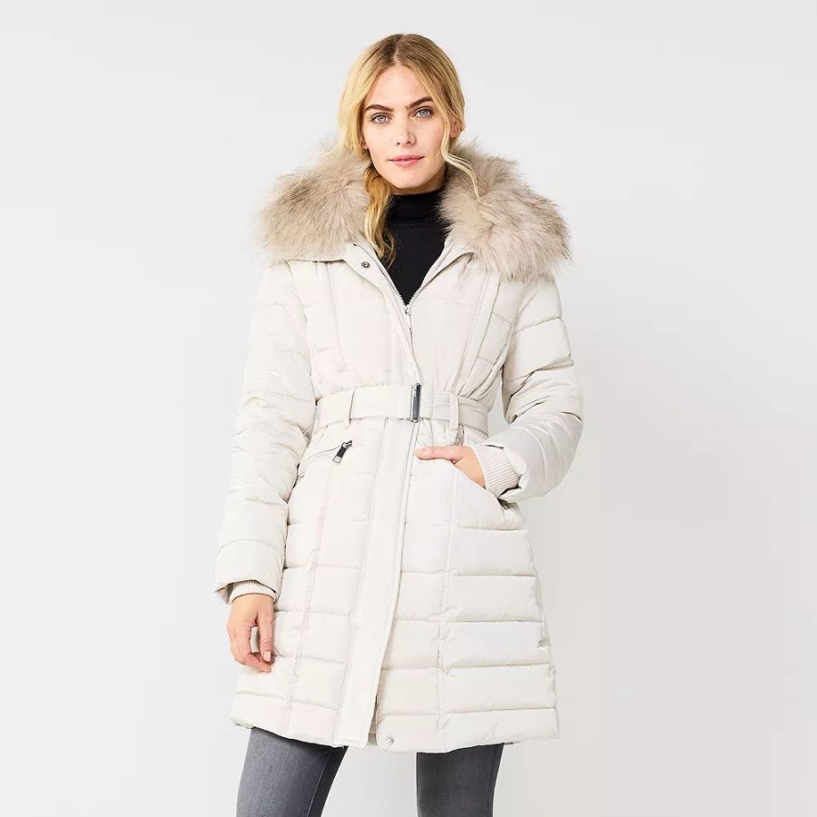 Clothing * | Women'S Nine West Faux-Fur Collar Puffer Coat