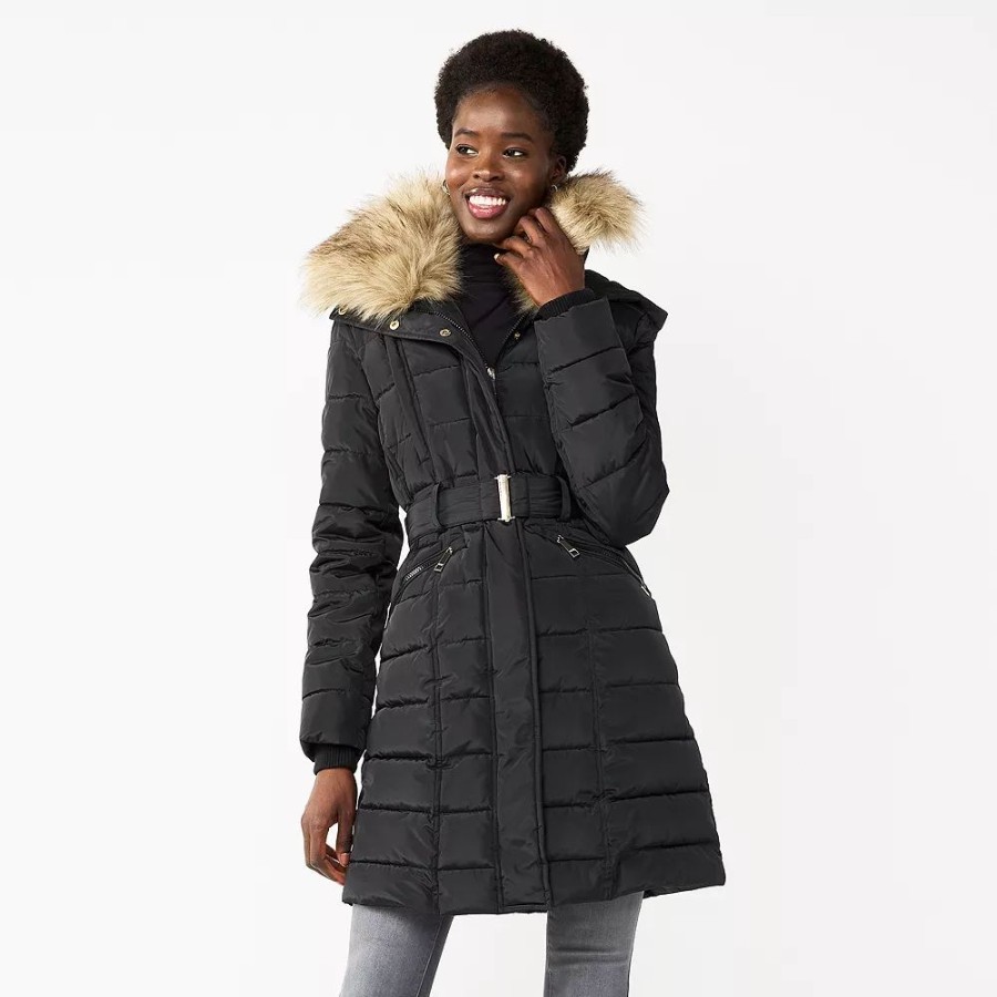 Clothing * | Women'S Nine West Faux-Fur Collar Puffer Coat