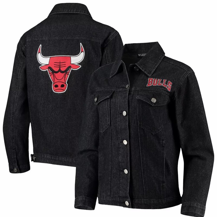 Clothing * | Women'S The Wild Collective Black Chicago Bulls Patch Denim Button-Up Jacket