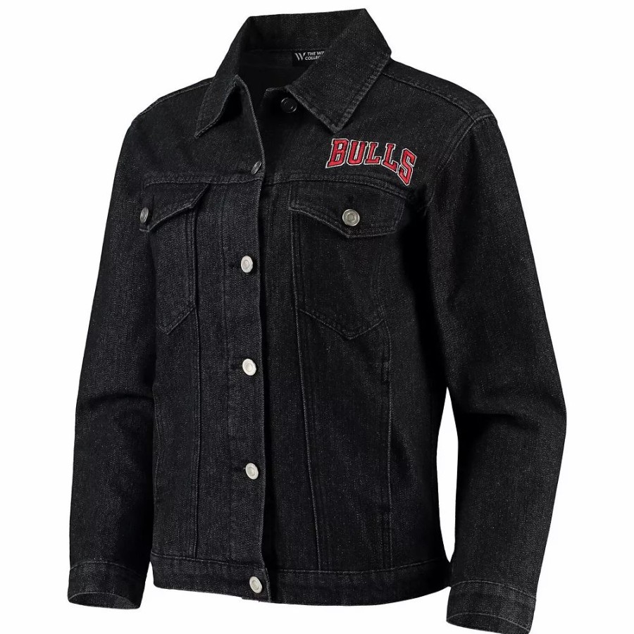 Clothing * | Women'S The Wild Collective Black Chicago Bulls Patch Denim Button-Up Jacket