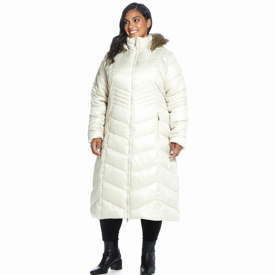 Clothing * | Plus Size Gallery Faux-Fur Hood Chevron Long Puffer Coat