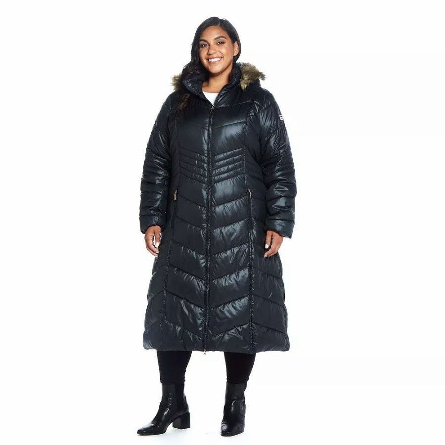 Clothing * | Plus Size Gallery Faux-Fur Hood Chevron Long Puffer Coat