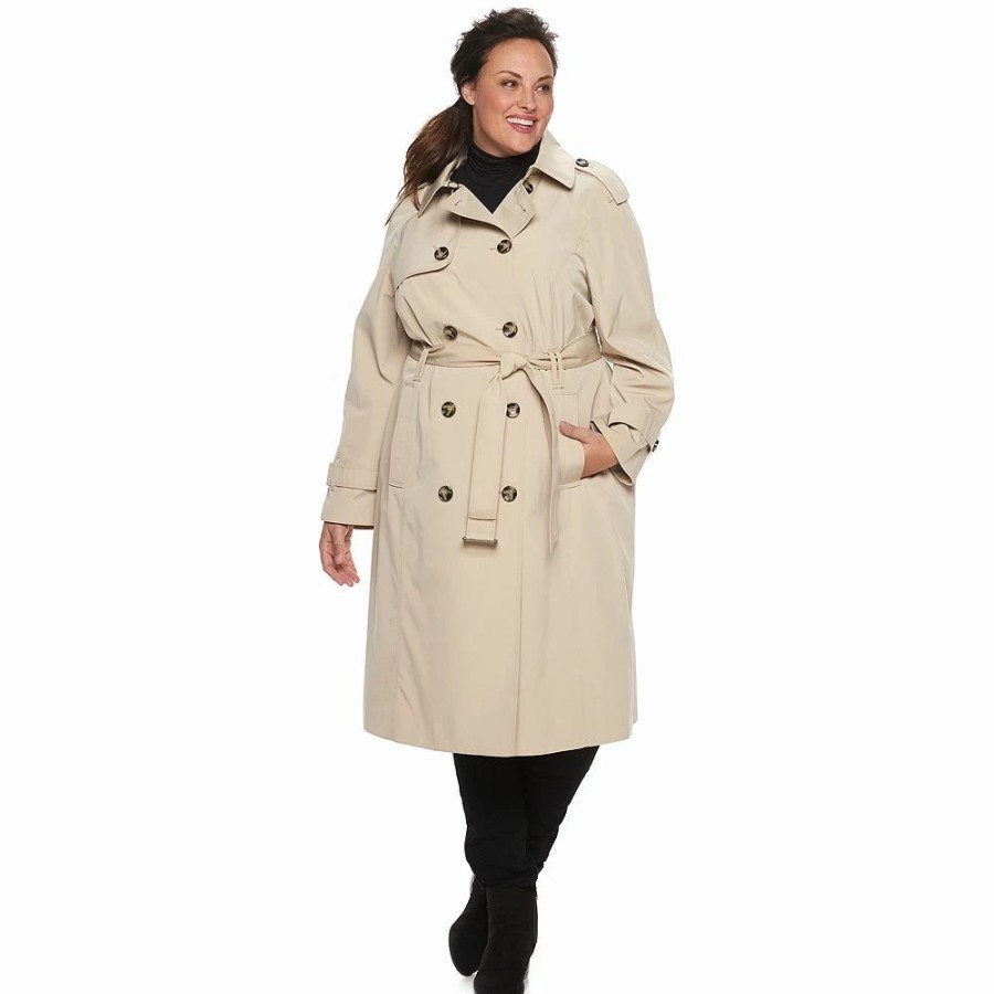 Clothing * | Plus Size Tower By London Fog Double-Breasted Belted Trench Coat Stone