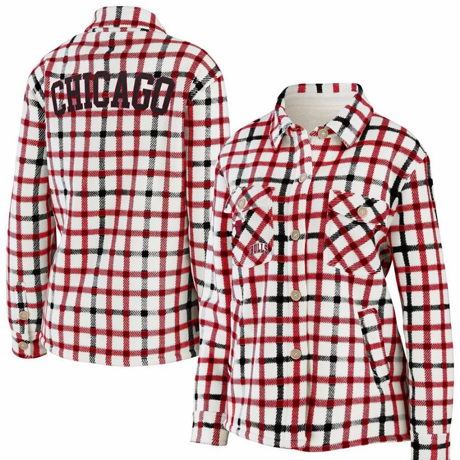 Clothing * | Women'S Wear By Erin Andrews Oatmeal Chicago Bulls Plaid Button-Up Shirt Jacket