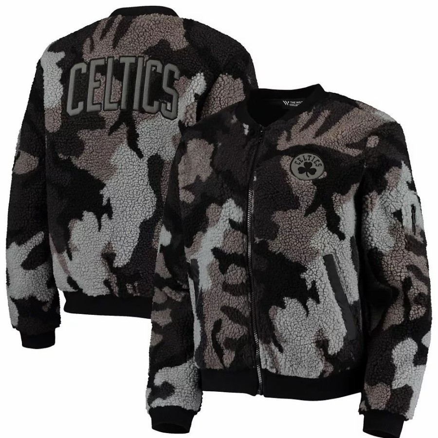 Clothing * | Women'S The Wild Collective Black Boston Celtics Camo Sherpa Full-Zip Bomber Jacket