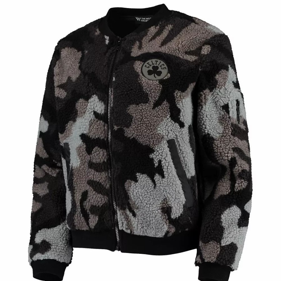 Clothing * | Women'S The Wild Collective Black Boston Celtics Camo Sherpa Full-Zip Bomber Jacket