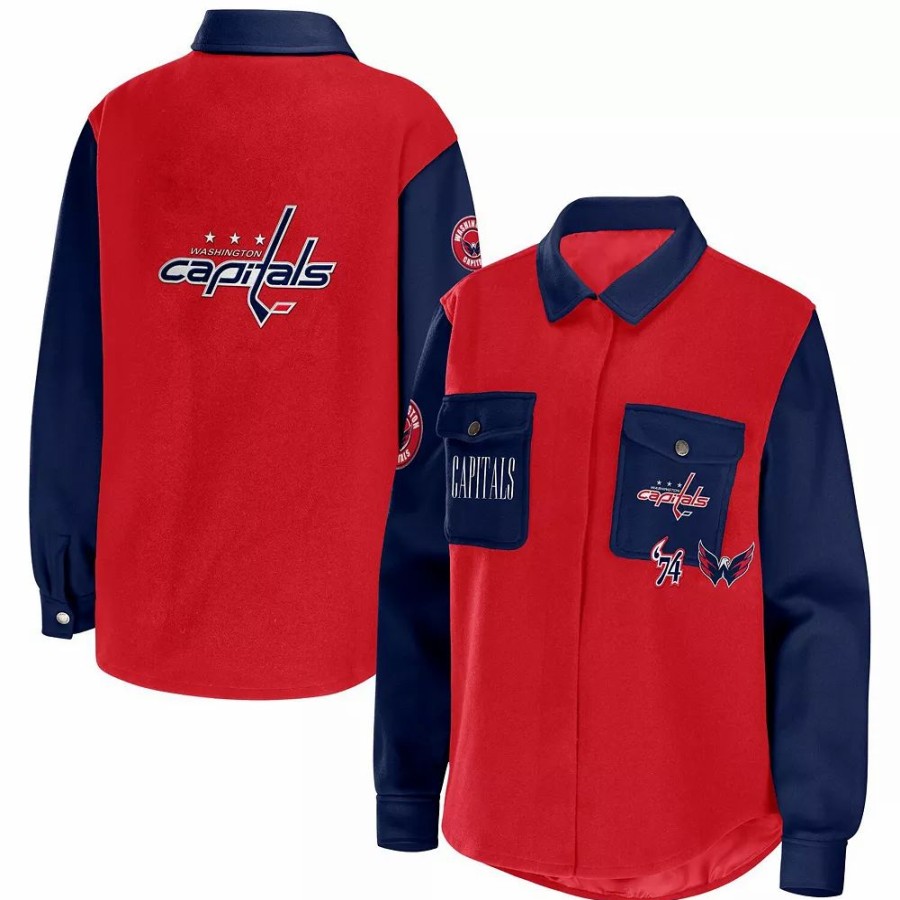 Clothing * | Women'S Wear By Erin Andrews Red/Navy Washington Capitals Colorblock Button-Up Shirt Jacket