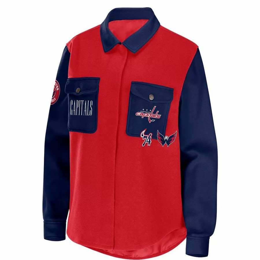 Clothing * | Women'S Wear By Erin Andrews Red/Navy Washington Capitals Colorblock Button-Up Shirt Jacket