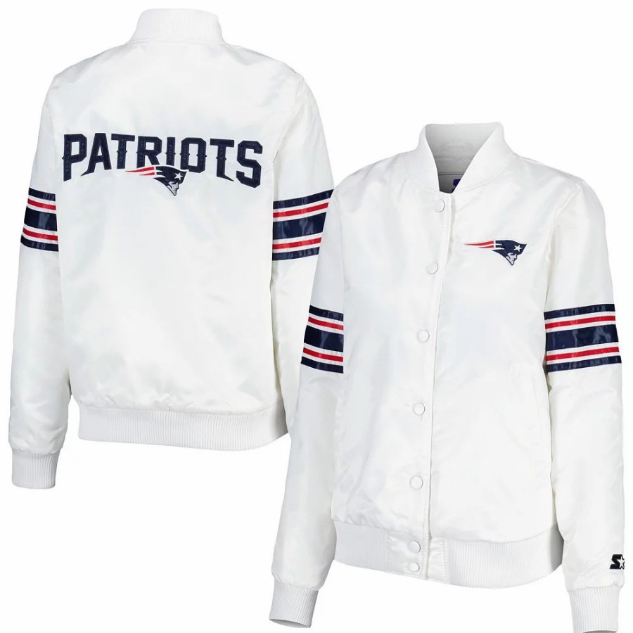 Clothing * | Women'S Starter White New England Patriots Line Up Satin Full-Snap Varsity Jacket