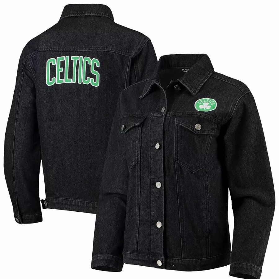 Clothing * | Women'S The Wild Collective Black Boston Celtics Patch Denim Button-Up Jacket