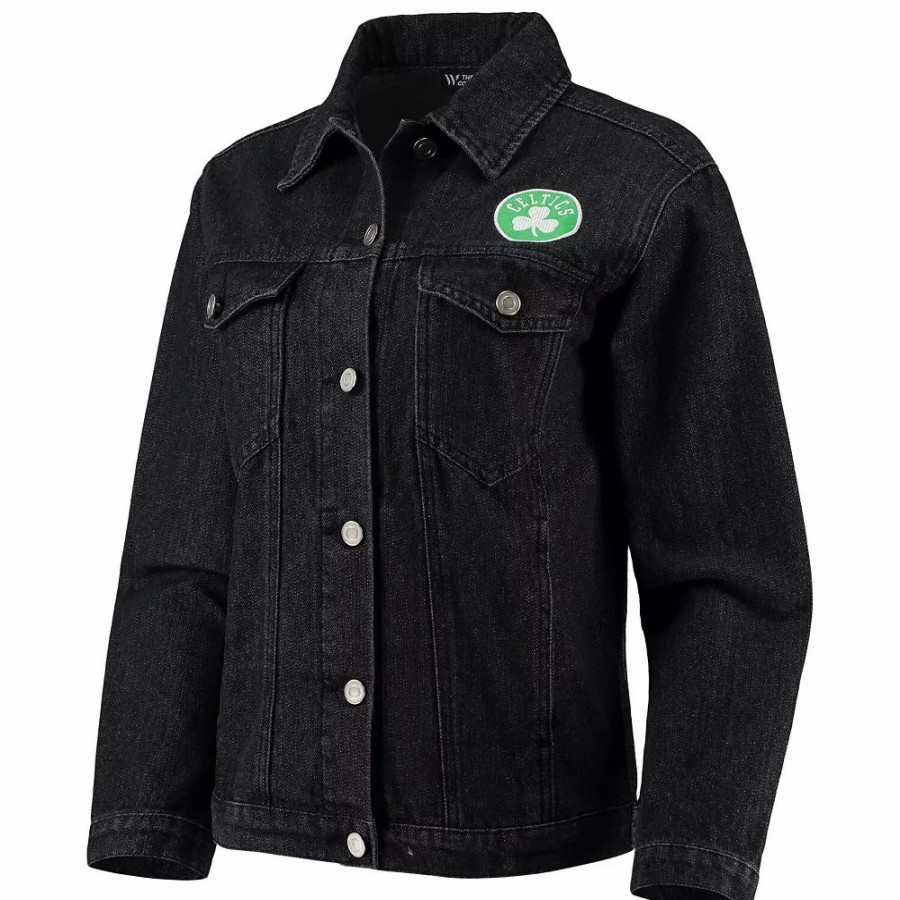 Clothing * | Women'S The Wild Collective Black Boston Celtics Patch Denim Button-Up Jacket