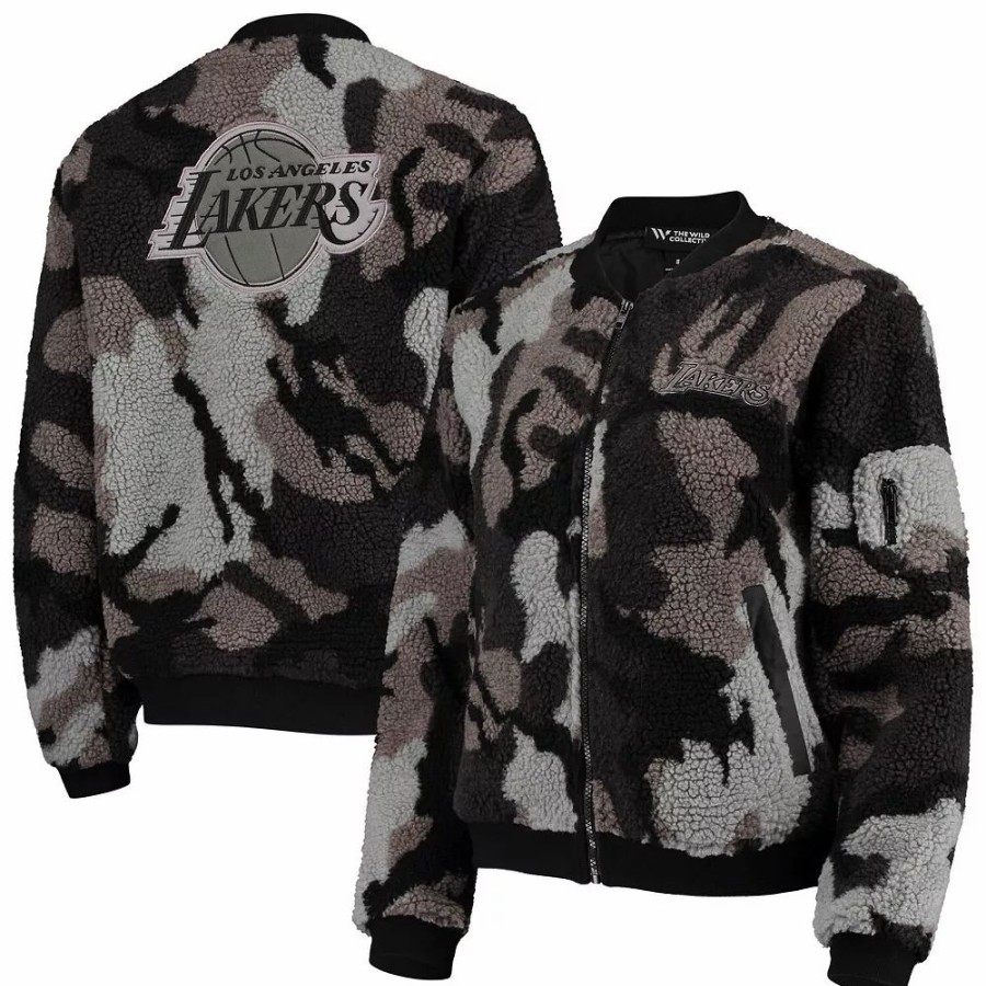 Clothing * | Women'S The Wild Collective Black Los Angeles Lakers Camo Sherpa Full-Zip Bomber Jacket