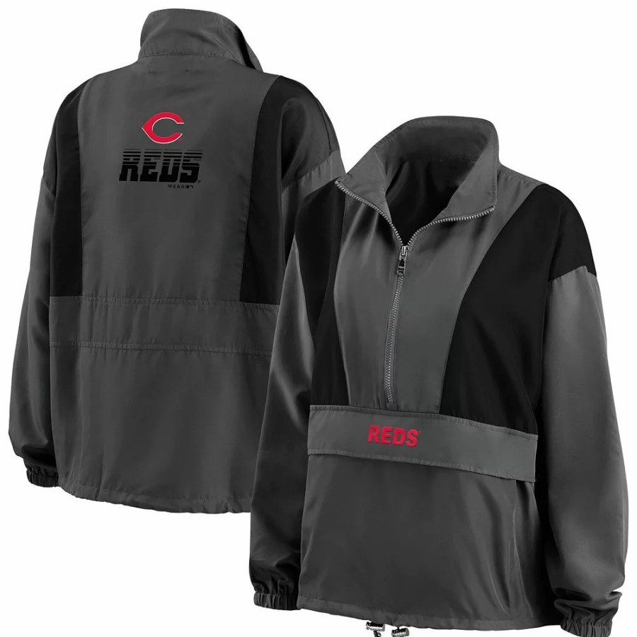 Clothing * | Women'S Wear By Erin Andrews Charcoal Cincinnati Reds Packable Half-Zip Jacket