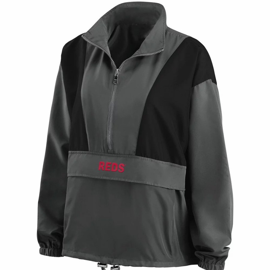 Clothing * | Women'S Wear By Erin Andrews Charcoal Cincinnati Reds Packable Half-Zip Jacket