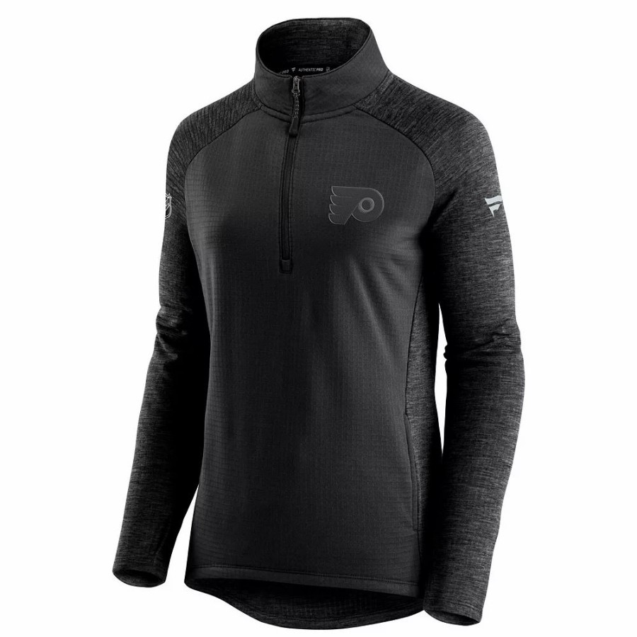 Clothing * | Women'S Fanatics Branded Black/Heathered Charcoal Philadelphia Flyers Authentic Pro Travel & Training Raglan Quarter-Zip Jacket