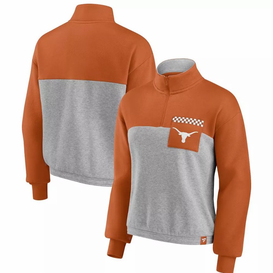 Clothing * | Women'S Fanatics Branded Texas Orange/Heathered Gray Texas Longhorns Sideline To Sideline Colorblock Quarter-Zip Jacket