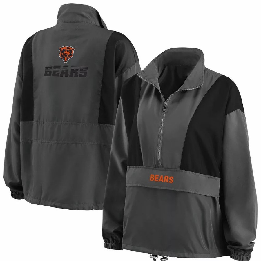 Clothing * | Women'S Wear By Erin Andrews Charcoal Chicago Bears Popover Packable Half-Zip Jacket