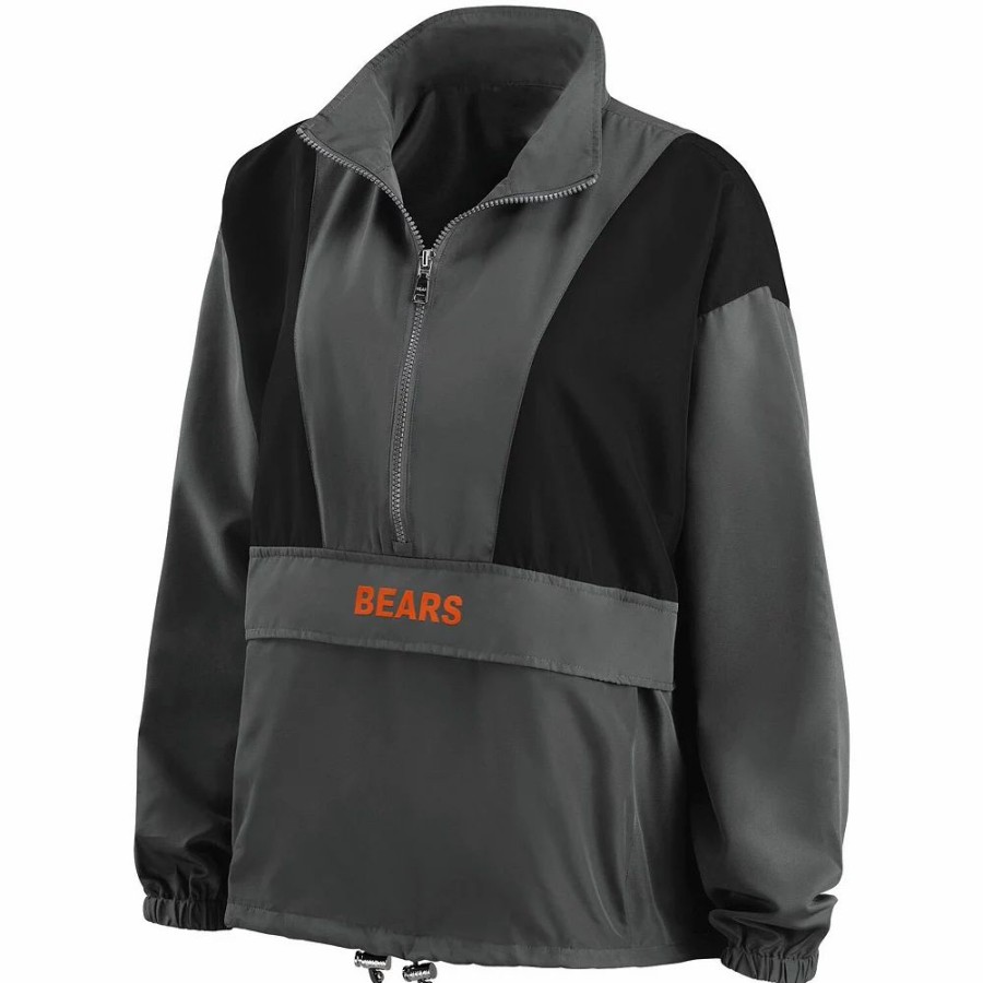 Clothing * | Women'S Wear By Erin Andrews Charcoal Chicago Bears Popover Packable Half-Zip Jacket