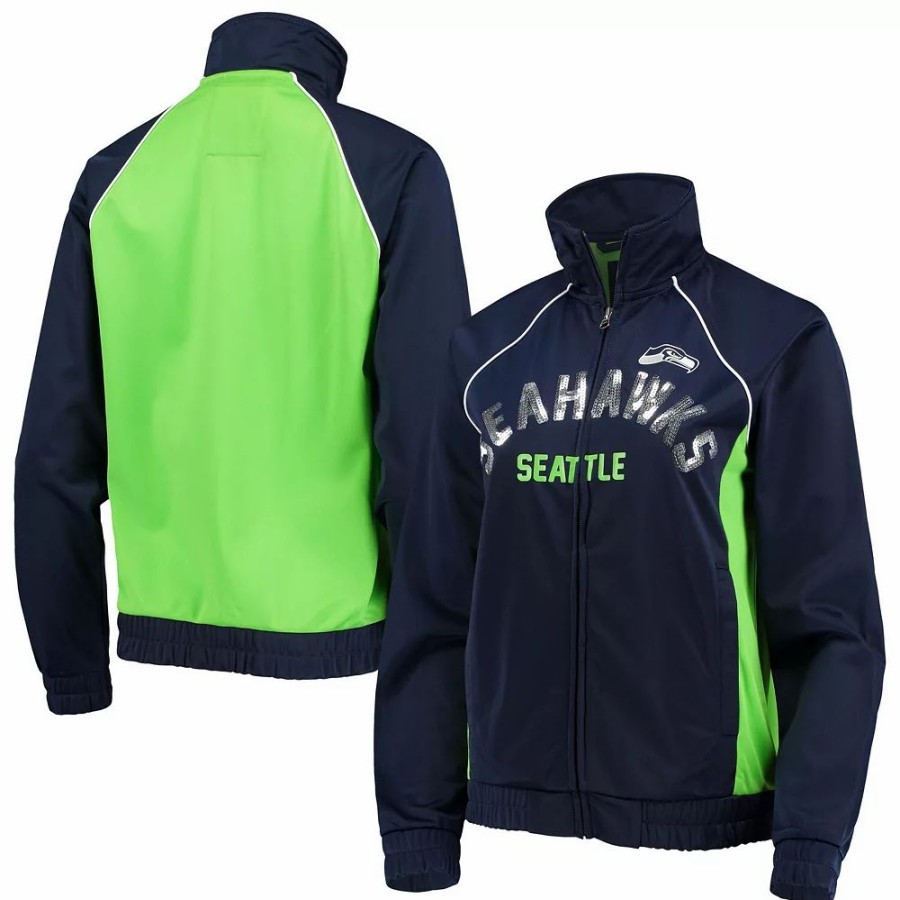 Clothing * | Women'S G-Iii 4Her By Carl Banks College Navy/Neon Green Seattle Seahawks Backfield Raglan Full-Zip Track Jacket