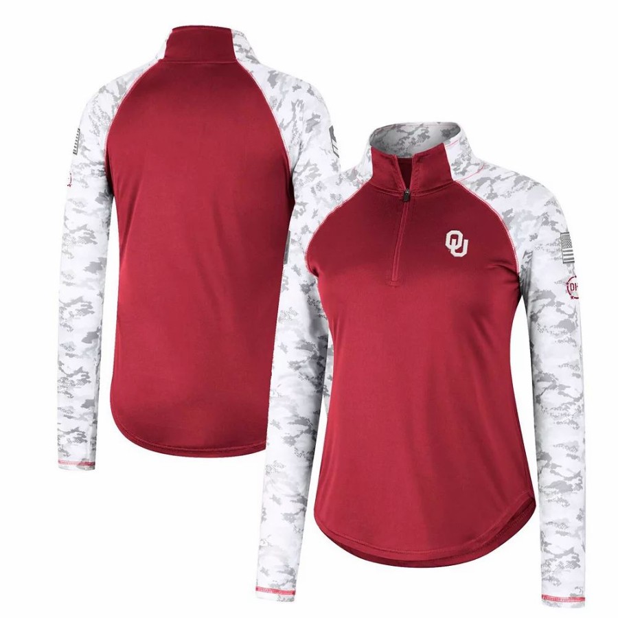 Clothing * | Women'S Colosseum Crimson Oklahoma Sooners Oht Military Appreciation Flash Arctic Camo Raglan Quarter-Zip Jacket