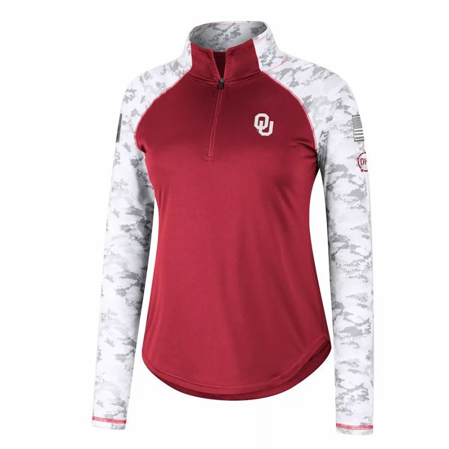 Clothing * | Women'S Colosseum Crimson Oklahoma Sooners Oht Military Appreciation Flash Arctic Camo Raglan Quarter-Zip Jacket