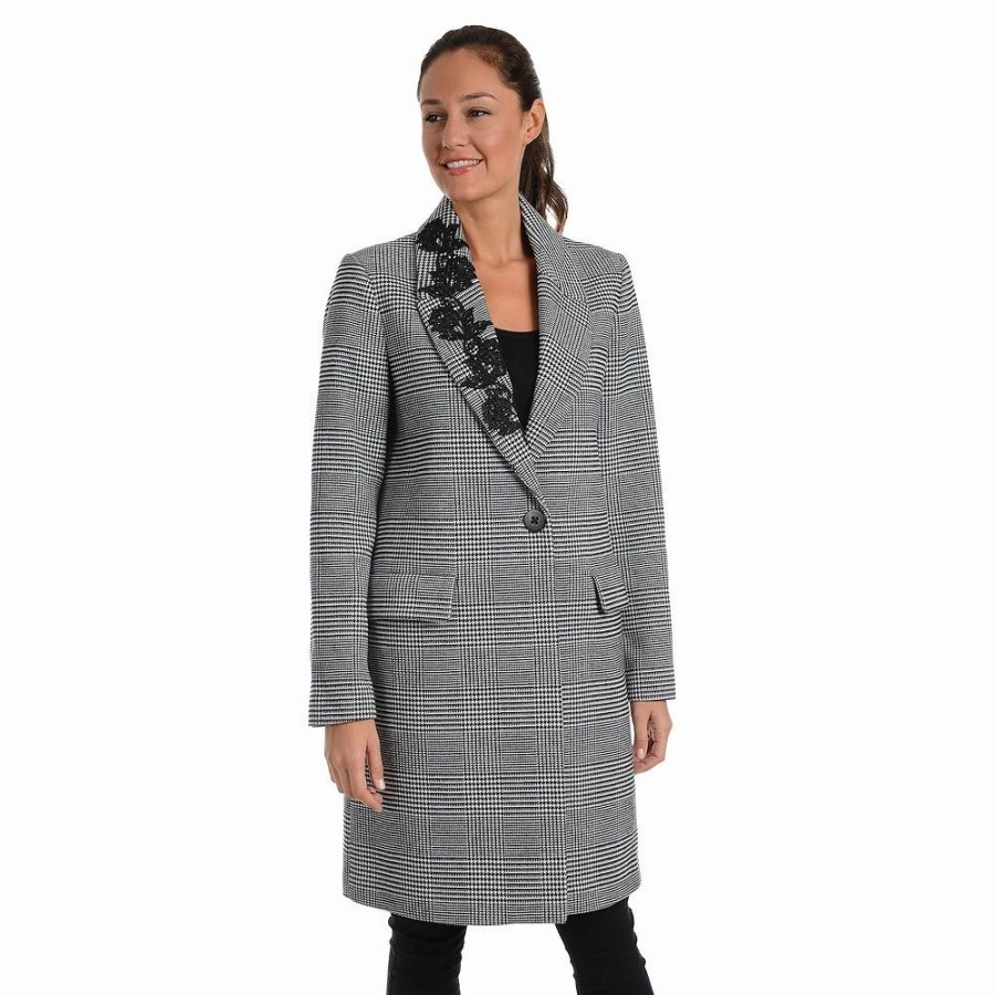 Clothing * | Women'S Fleet Street Embroidered Lapel Plaid Coat