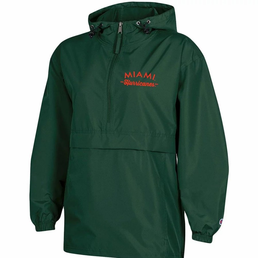 Clothing * | Women'S Champion Green Miami Hurricanes Packable Half-Zip Light Rain Jacket