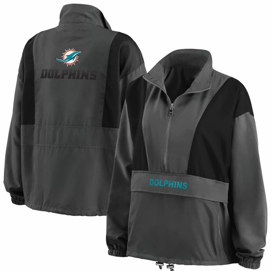 Clothing * | Women'S Wear By Erin Andrews Charcoal Miami Dolphins Popover Packable Half-Zip Jacket