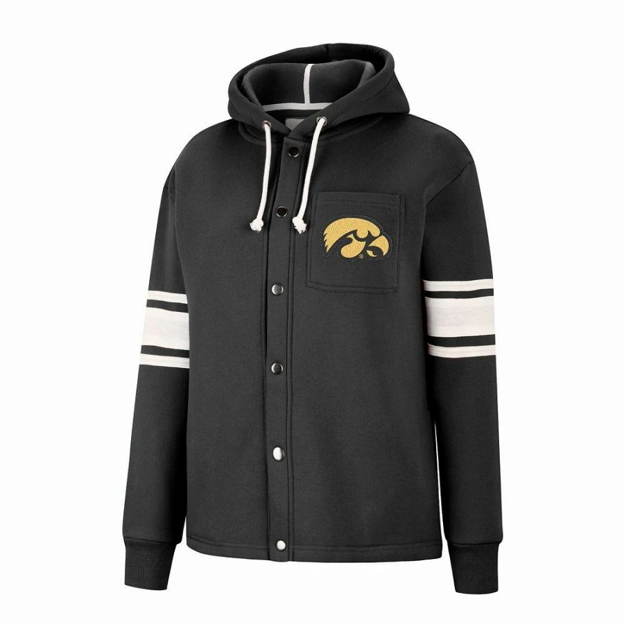 Clothing * | Women'S Colosseum Black Iowa Hawkeyes Mia Striped Full-Snap Hoodie Jacket