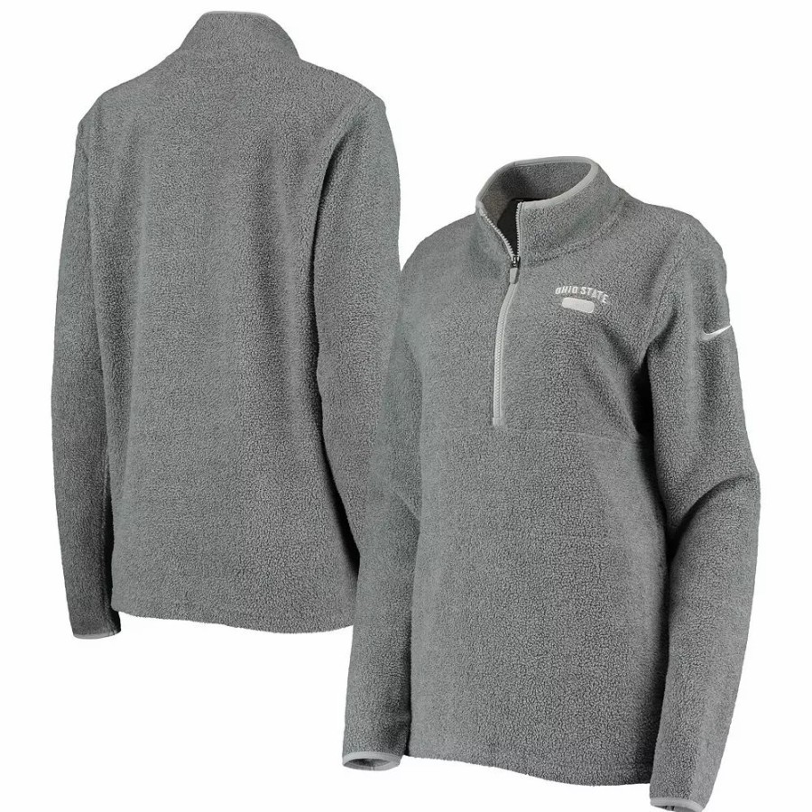 Clothing * | Women'S Nike Gray Ohio State Buckeyes Teddy Bear Fleece Half-Zip Jacket