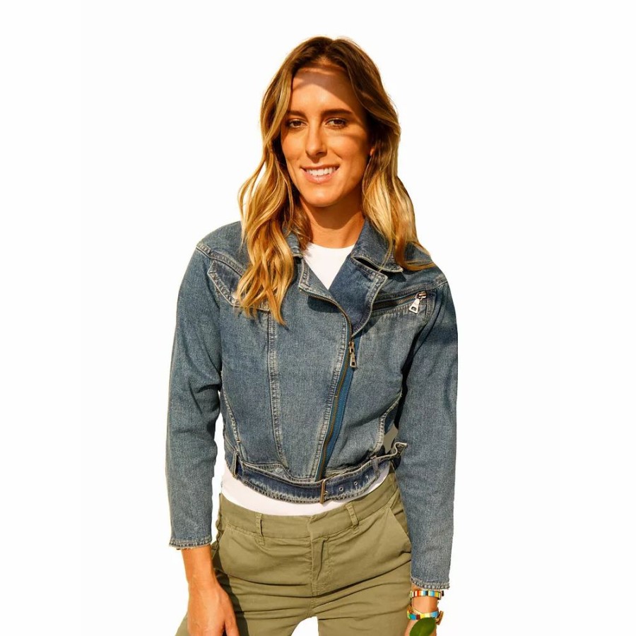 Clothing * | Acl Blue Denim Cropped Belted Blue Jean Jacket With Zippered Pockets By A. Helm