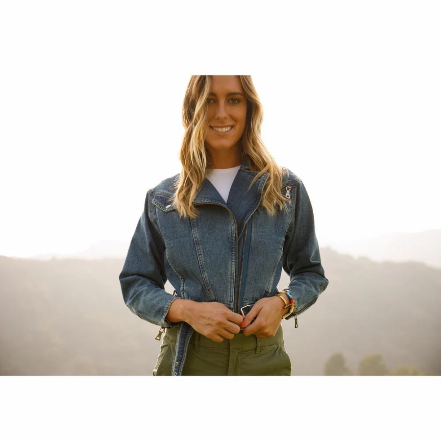 Clothing * | Acl Blue Denim Cropped Belted Blue Jean Jacket With Zippered Pockets By A. Helm