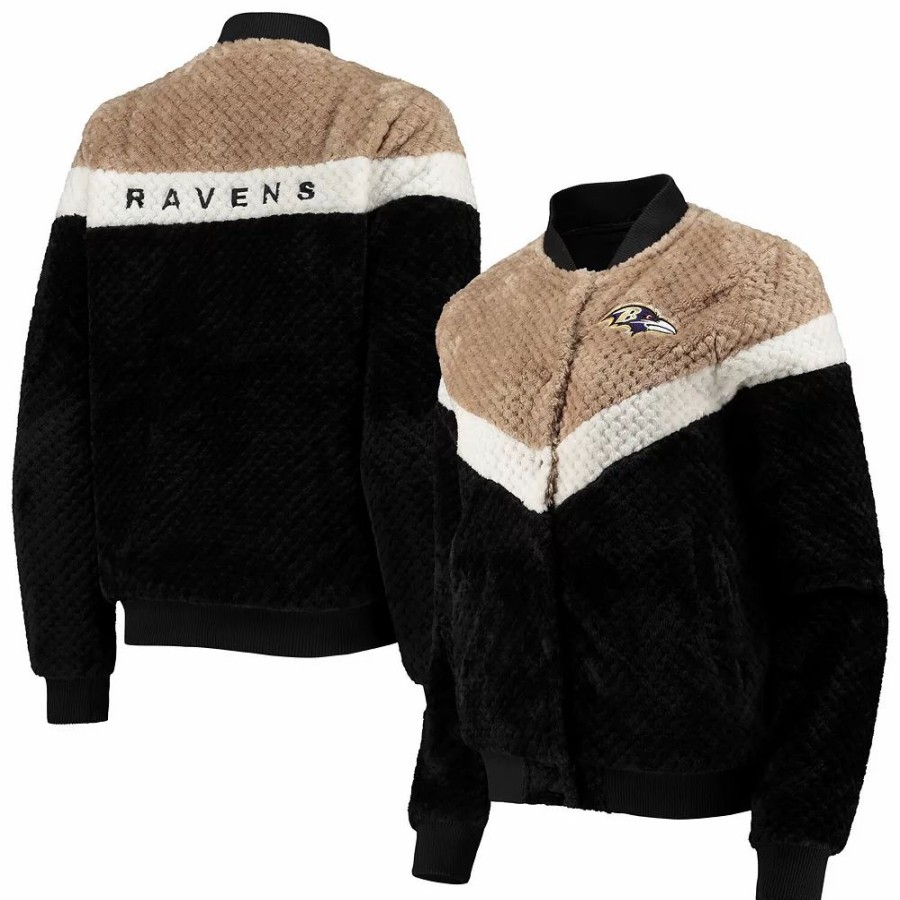 Clothing * | Women'S G-Iii 4Her By Carl Banks Black/Cream Baltimore Ravens Riot Squad Sherpa Full-Snap Jacket