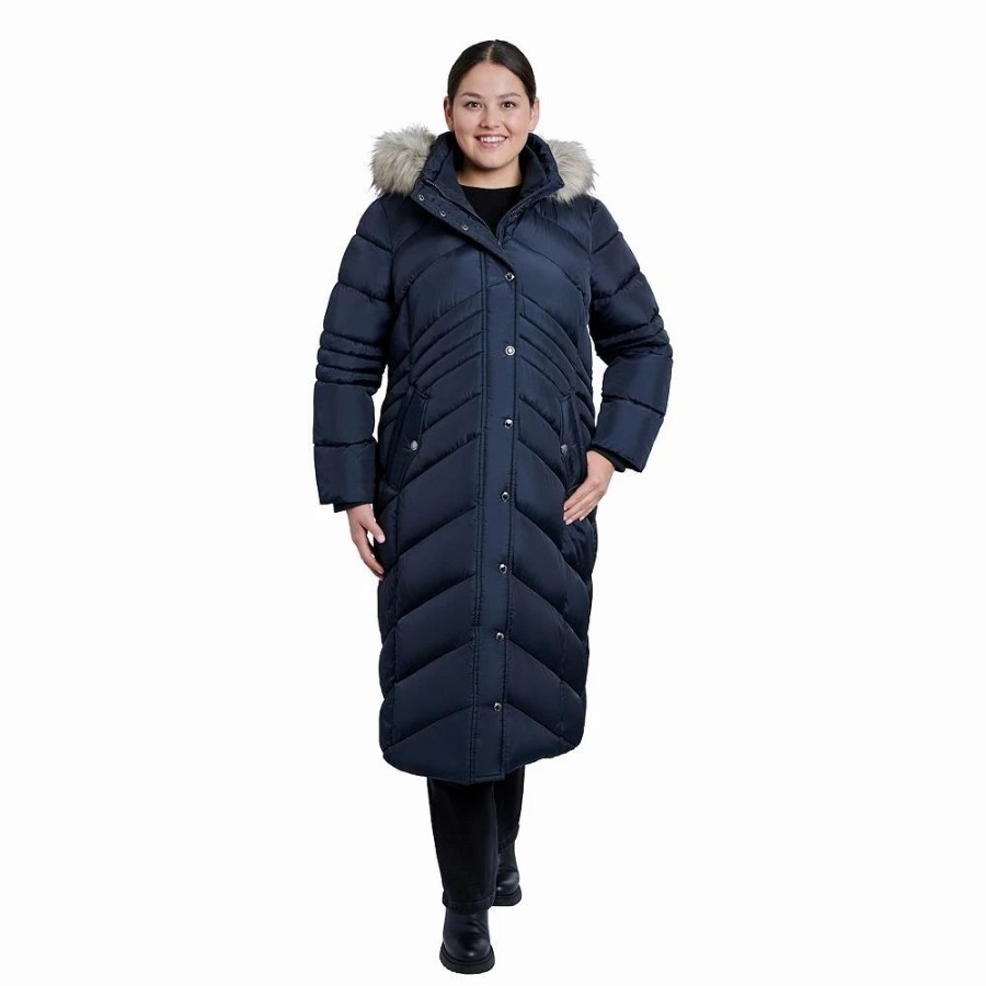 Clothing * | Plus Size London Fog Faux-Fur Hood Maxi Puffer Coat Navy