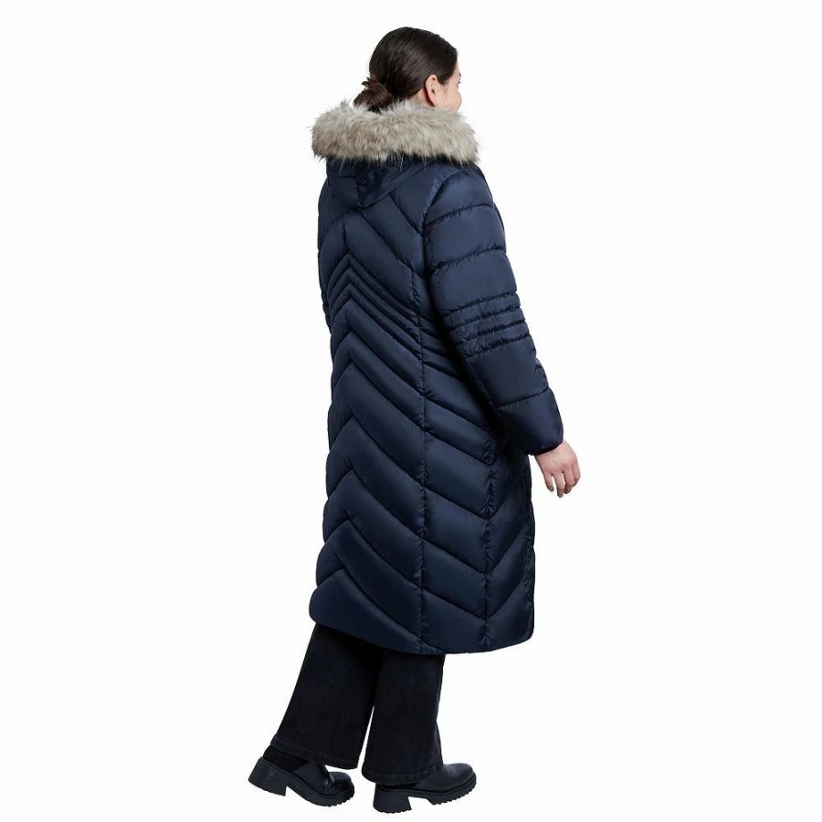 Clothing * | Plus Size London Fog Faux-Fur Hood Maxi Puffer Coat Navy