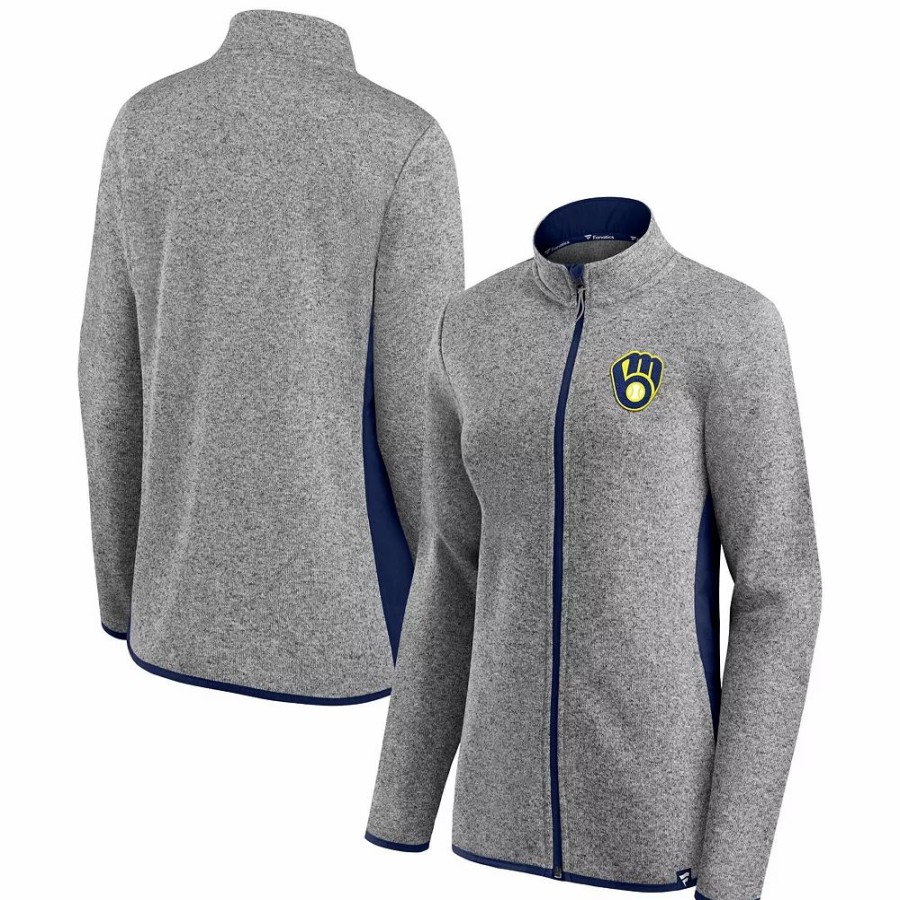 Clothing * | Women'S Fanatics Branded Heathered Charcoal Milwaukee Brewers Primary Logo Fleece Full-Zip Jacket