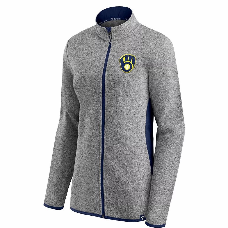 Clothing * | Women'S Fanatics Branded Heathered Charcoal Milwaukee Brewers Primary Logo Fleece Full-Zip Jacket