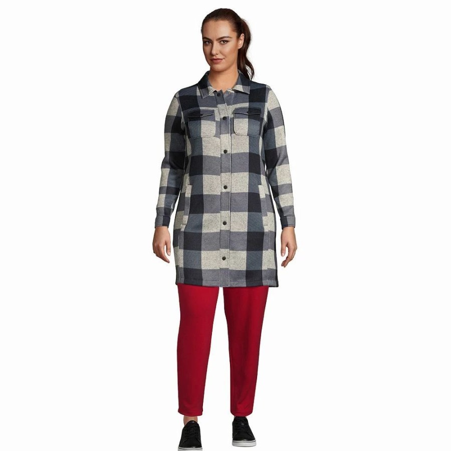 Clothing * | Plus Size Lands' End Fleece Long Shacket Black Buffalo Check