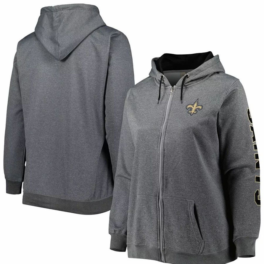 Clothing * | Women'S Heather Charcoal New Orleans Saints Plus Size Fleece Full-Zip Hoodie Jacket